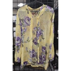 Susan Graver Sheer Yellow Purple Floral  Blouse W/Lace Sleeve Detail Sz Large